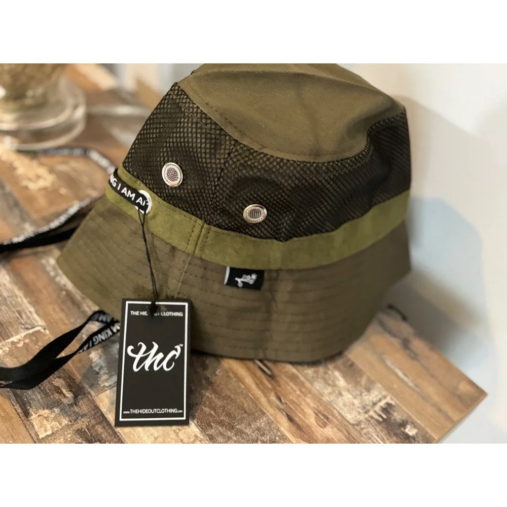 The‎ Hideout Clothing Olive Green Bucket Hat Mesh Accents Strap New